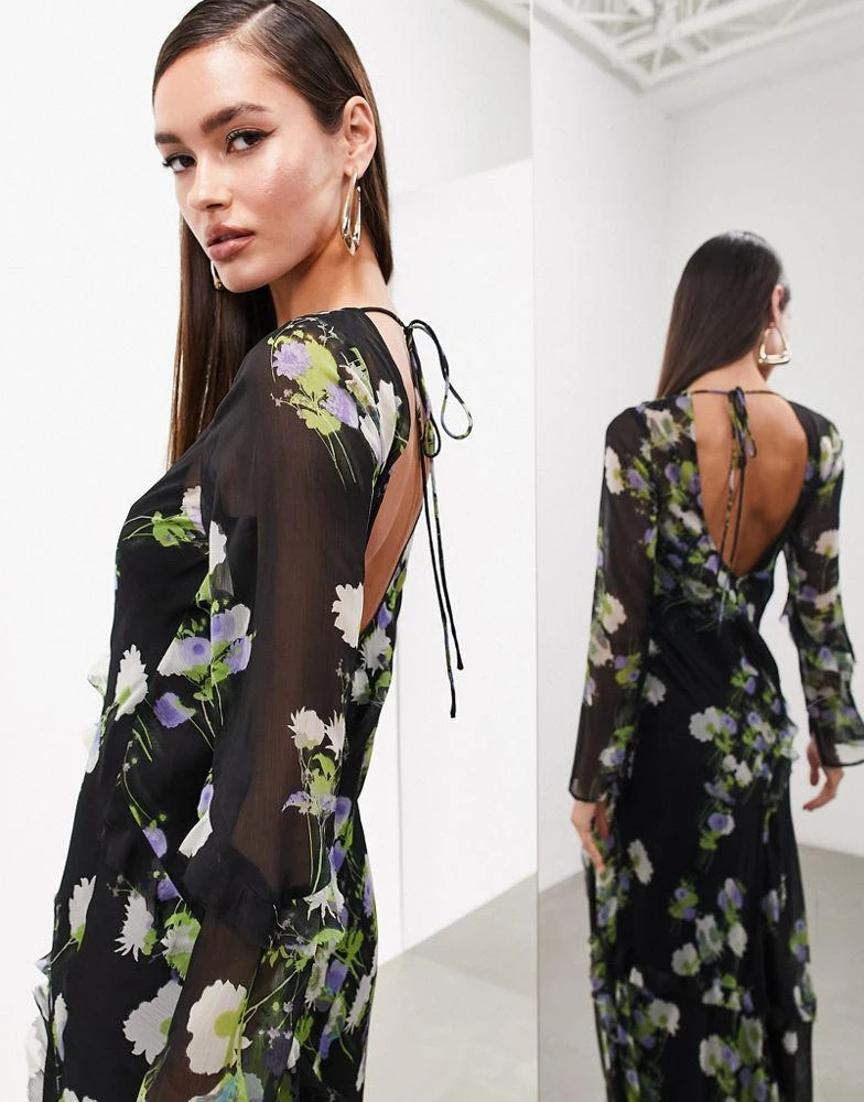 ASOS ASOS EDITION long sleeve chiffon maxi dress with frills in black floral 2
