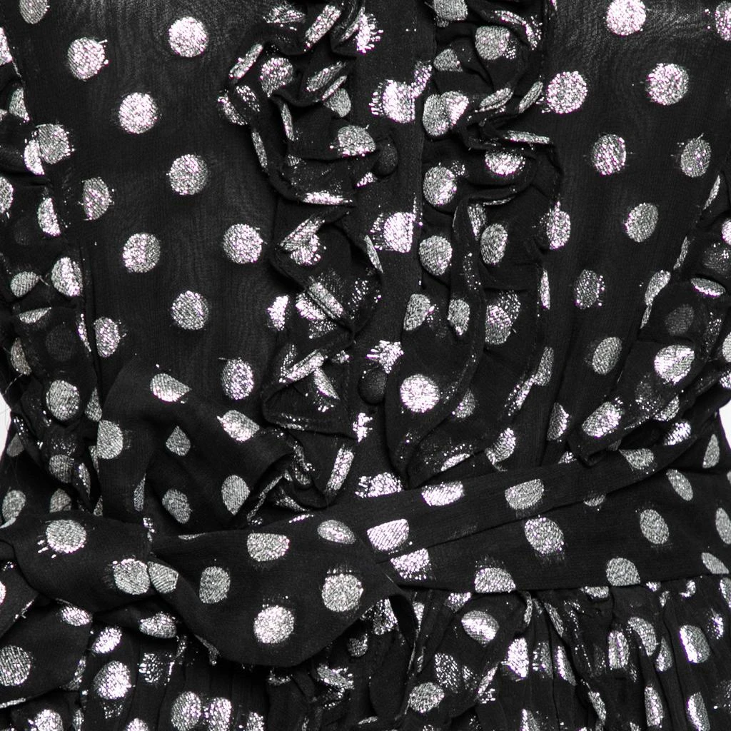 Dodo Baror Dodo Baror Black & Silver Polka Dotted Chiffon Ruffle Trimmed Belted Dress M 3