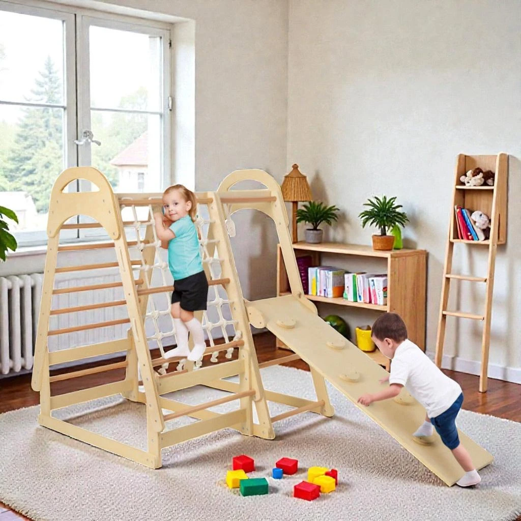 Hivvago Multi-Activity Wooden Indoor Gym for Kids with Slide 
Climb Net