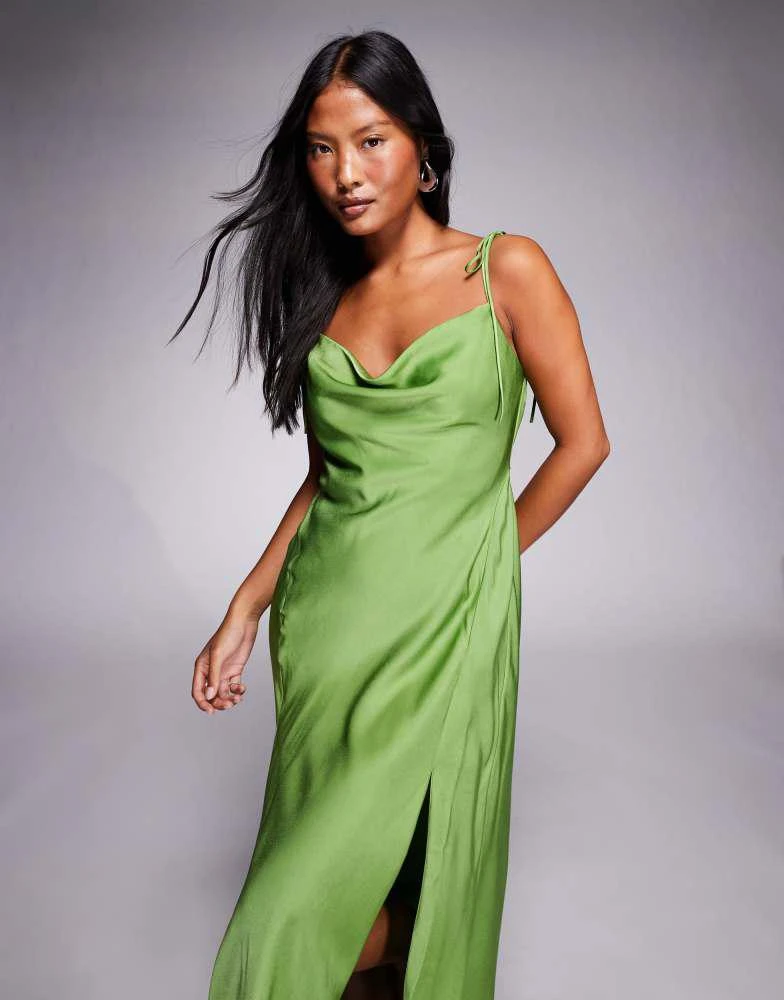 Shop ASOS DESIGN Petite satin tie strap maxi dress with split detail in  green on Sale at BeyondStyle  Get 60% Off ASOS DESIGN Petite satin tie  strap maxi dress with split