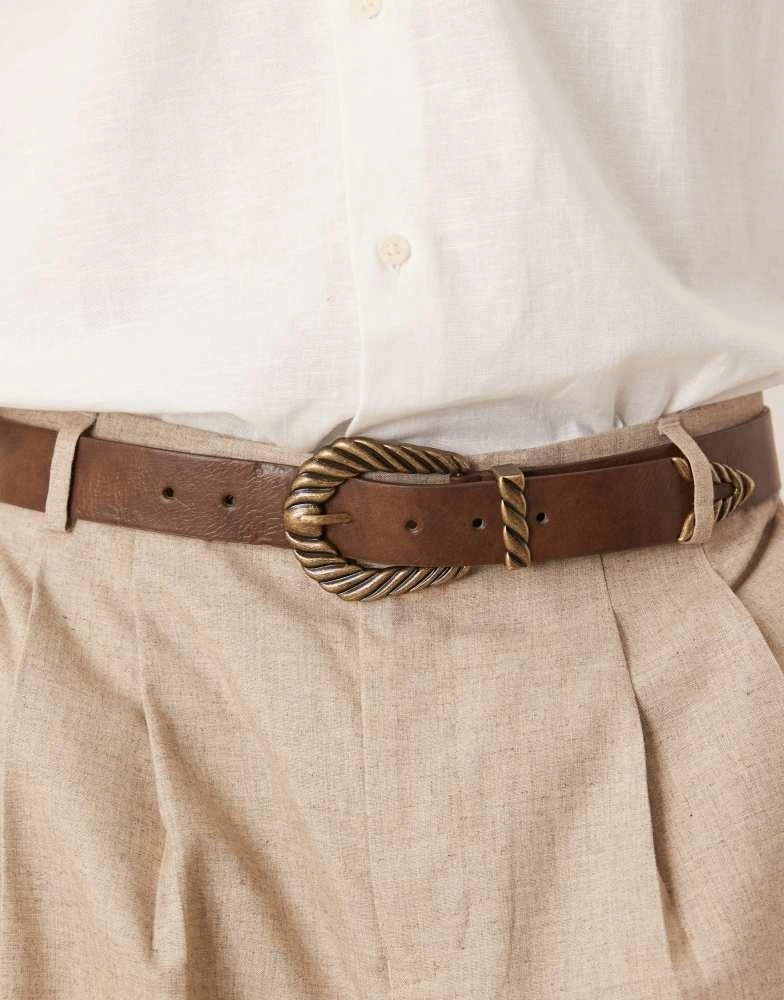 ASOS ASOS DESIGN western faux leather burnished brown jeans belt with ridge detail buckle in antique gold 1