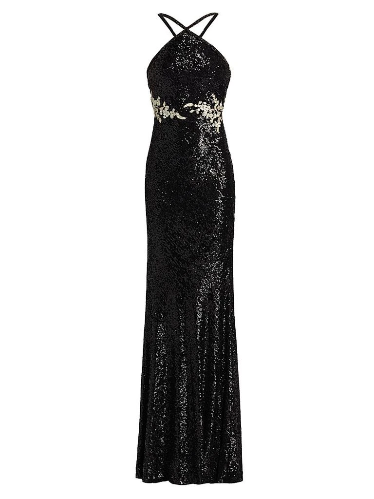 Naeem Khan Sequined Floral Appliqué Halter Gown 1