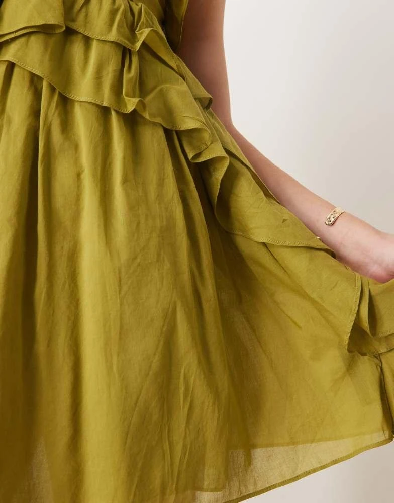 ASOS ASOS DESIGN scoop neck ruffle mini dress with tie straps in green 2