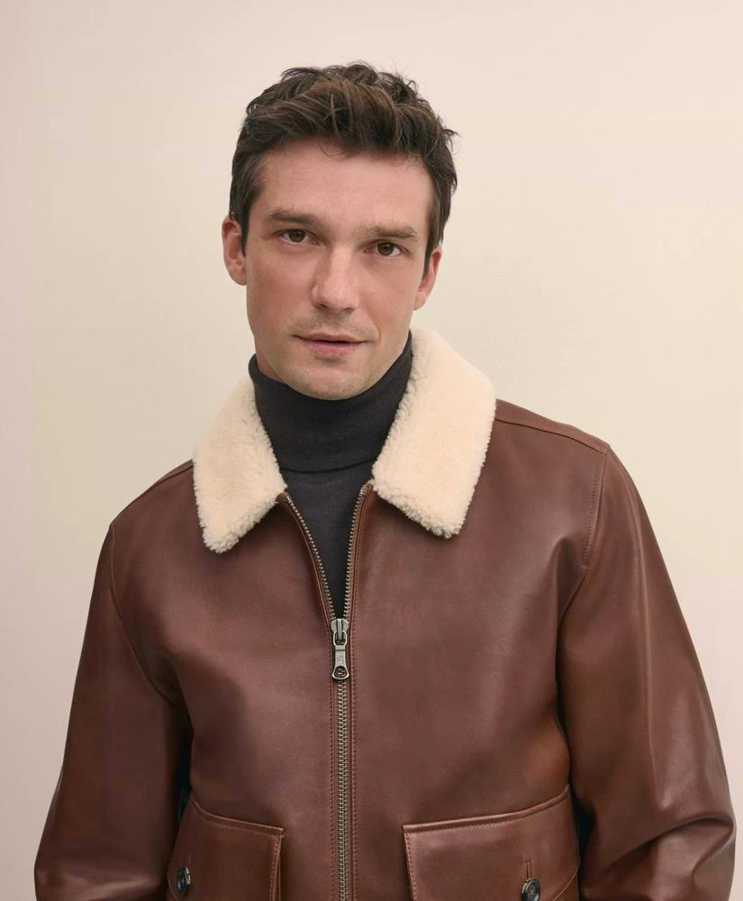 Brooks Brothers Washed Leather Bomber Jacket With Shearling Collar 4