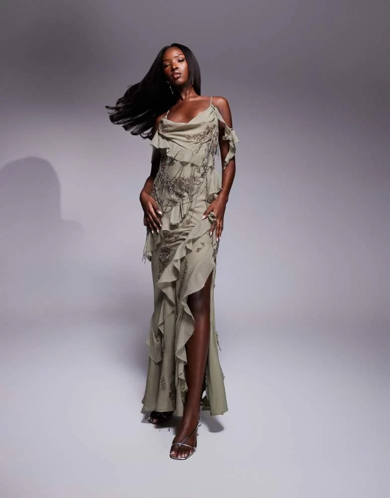 ASOS ASOS DESIGN draped fringe embellished maxi dress with ruffles in sage green 1