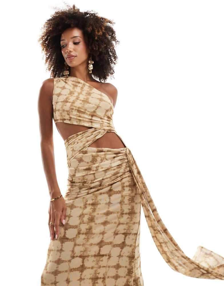 ASOS ASOS DESIGN mesh asymmetric one shoulder midi dress with long ties in yellow check 2
