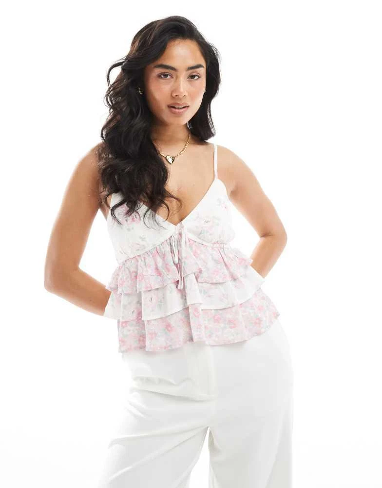 HOLLISTER Hollister spaghetti strap v neck tiered top in vintage pink floral print 1
