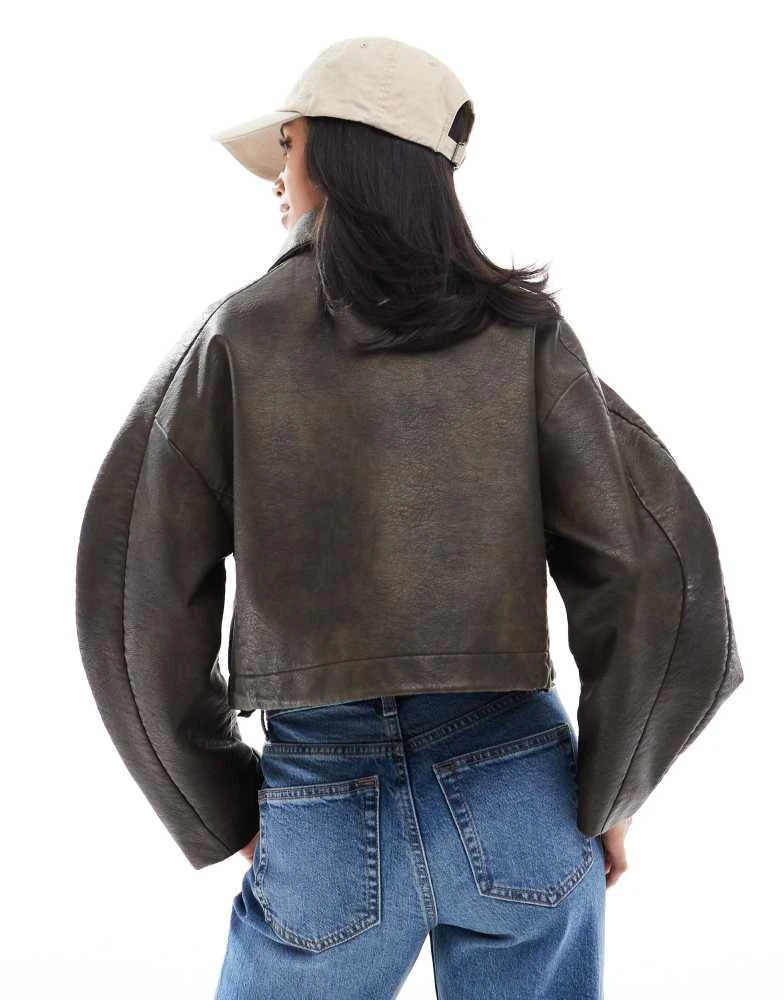 ASOS ASOS DESIGN Petite funnel neck textured leather look bomber jacket in brown 3