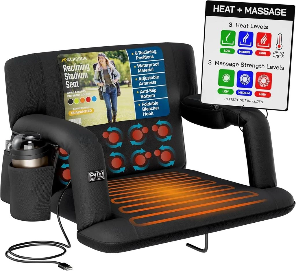 Alpcour Heated Massage Reclining Stadium Seat for Bleachers with Back Support -25" Wide