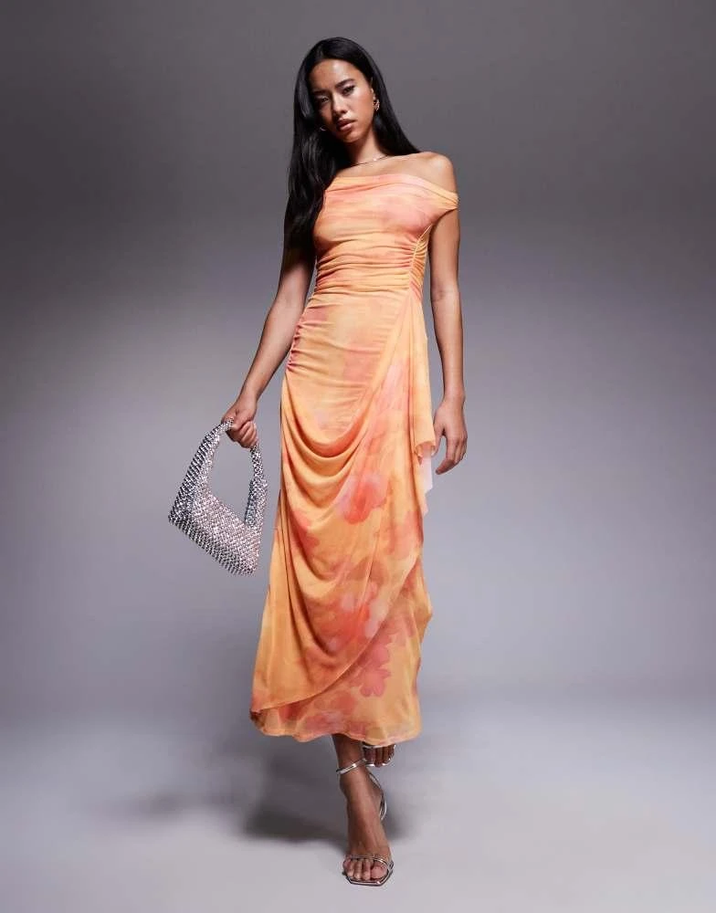 Shop ASOS DESIGN one off shoulder cowl neck mesh midi dress with hitched  wrap skirt in orange floral print on Sale at BeyondStyle  Get 17% Off ASOS  DESIGN one off shoulder