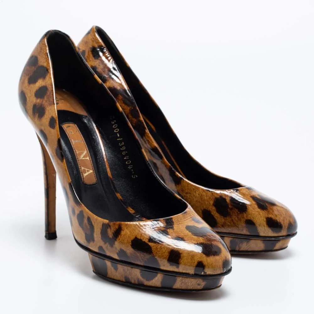 Gina Gina Brown Leopard Print Patent Leather Round Toe Pumps Size 38 4