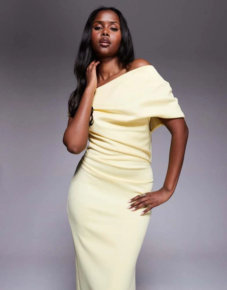 ASOS DESIGN structured midi dress with fallen shoulder in light yellow  scuba-style fabric  On Sale Now with Up to 16% Off | Discover Exclusive  Deals & Savings at BeyondStyle  Authentic