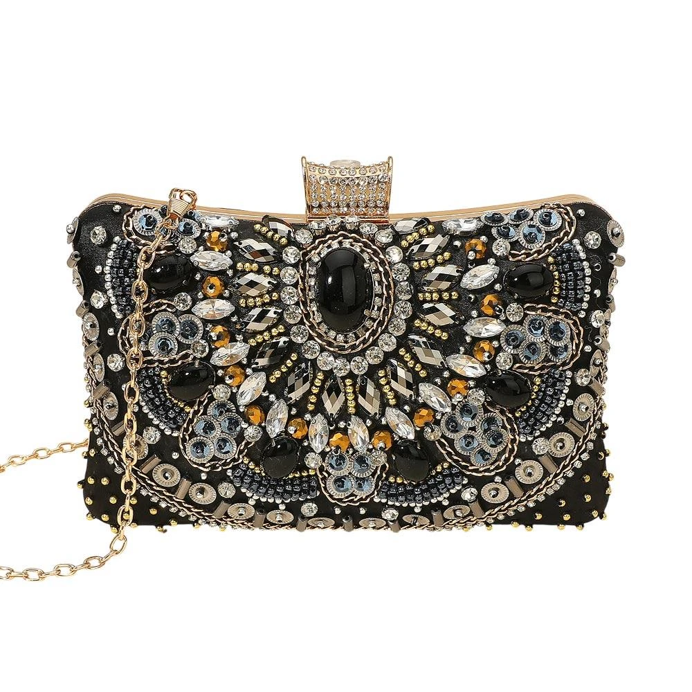 FASHNZFAB Ornate Gem Beaded Embellishment Evening Clutch Crossbody Bag 2