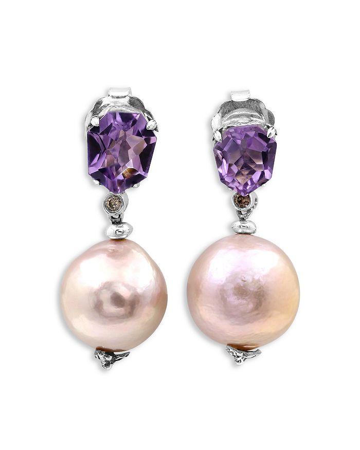 Stephen Dweck Sterling Silver Galactical Amethyst, Cultured Freshwater Baroque Pearl & Champagne Diamond Drop Earrings