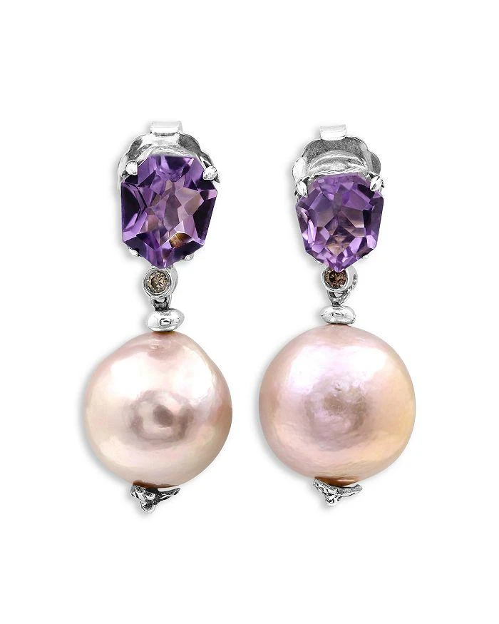 Stephen Dweck Sterling Silver Galactical Amethyst, Cultured Freshwater Baroque Pearl & Champagne Diamond Drop Earrings 1