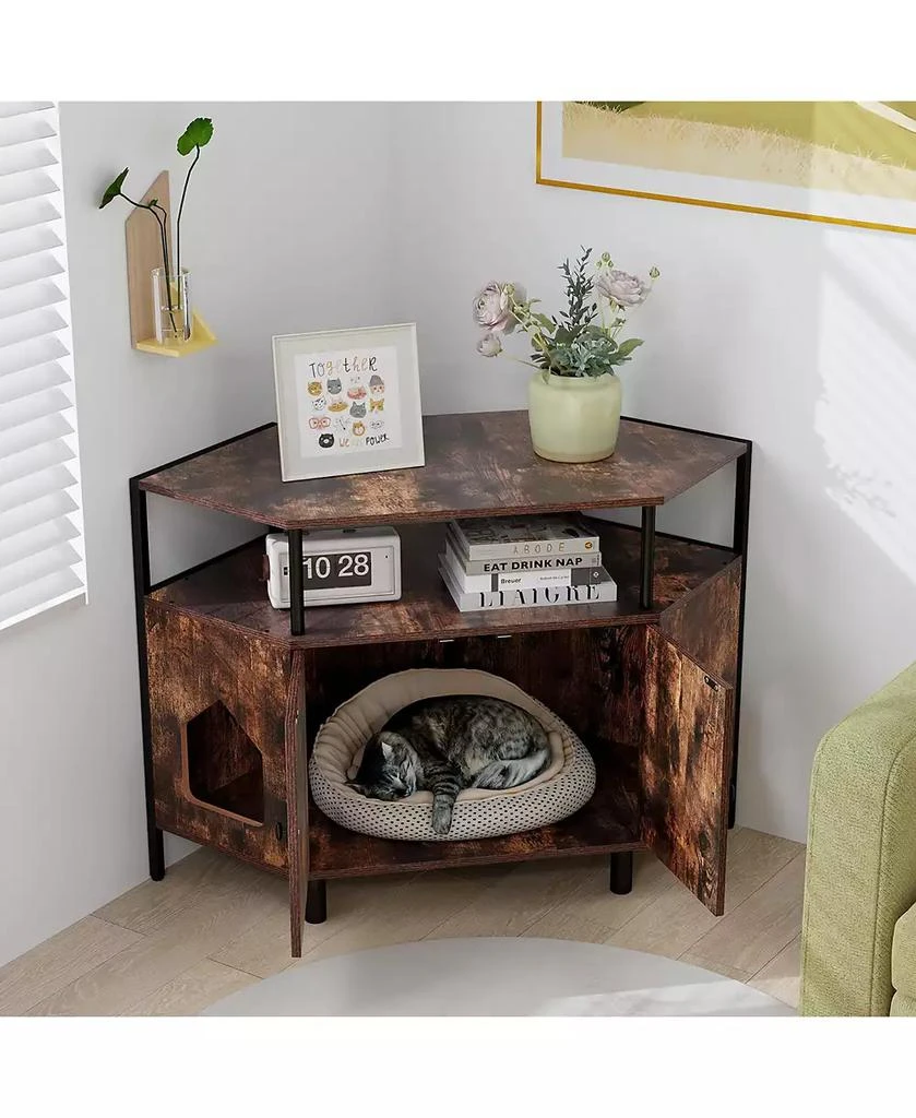 Gymax Corner Cat Litter Box Enclosure End Table w/ Open Shelf 2 Entries Double Doors 3