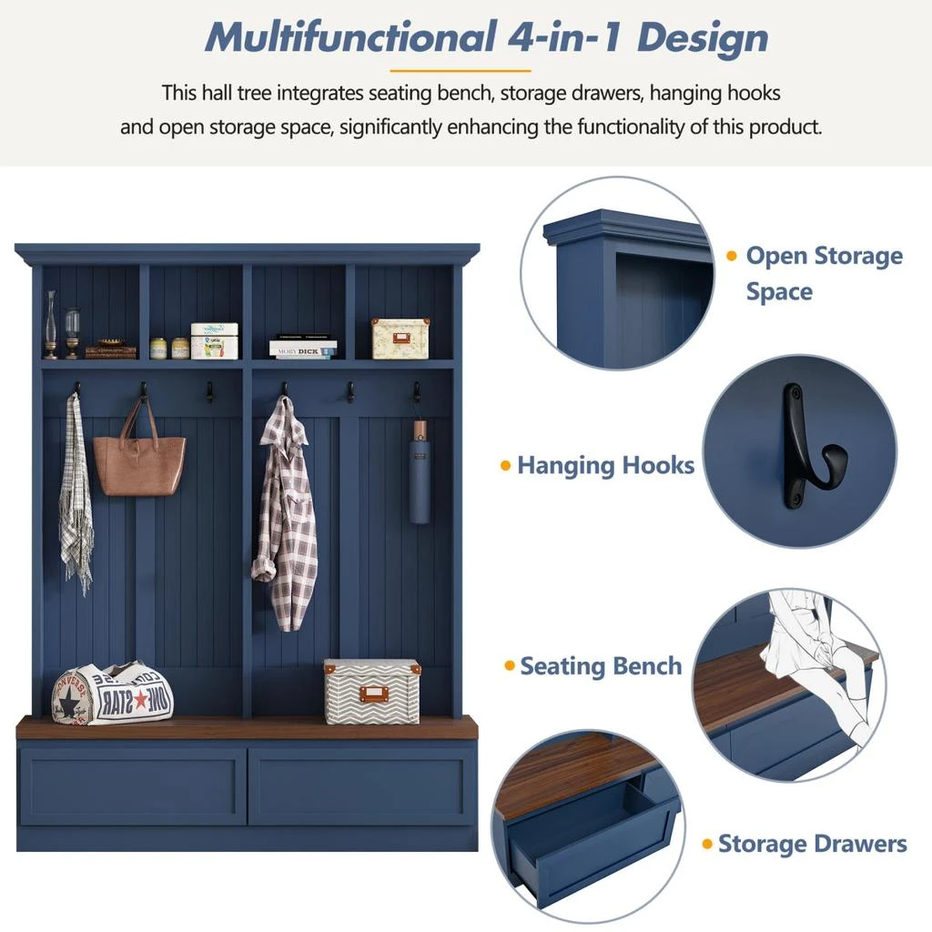 Streamdale Furniture Streamdale Farmhouse 4-in-1 Hall Tree with Wood Grain Bench, Coat Rack, 2 Drawers, Blue, 55.9"W 4