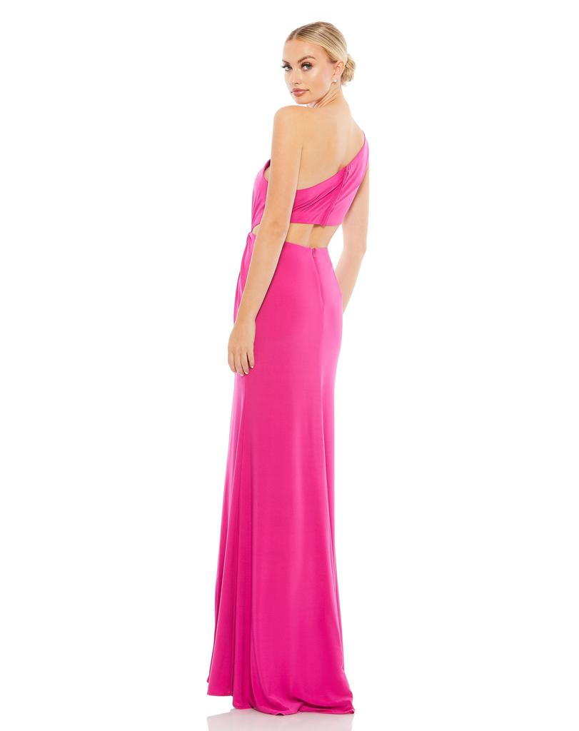 Ieena for Mac Duggal One Shoulder Ruched Cut Out Jersey Gown