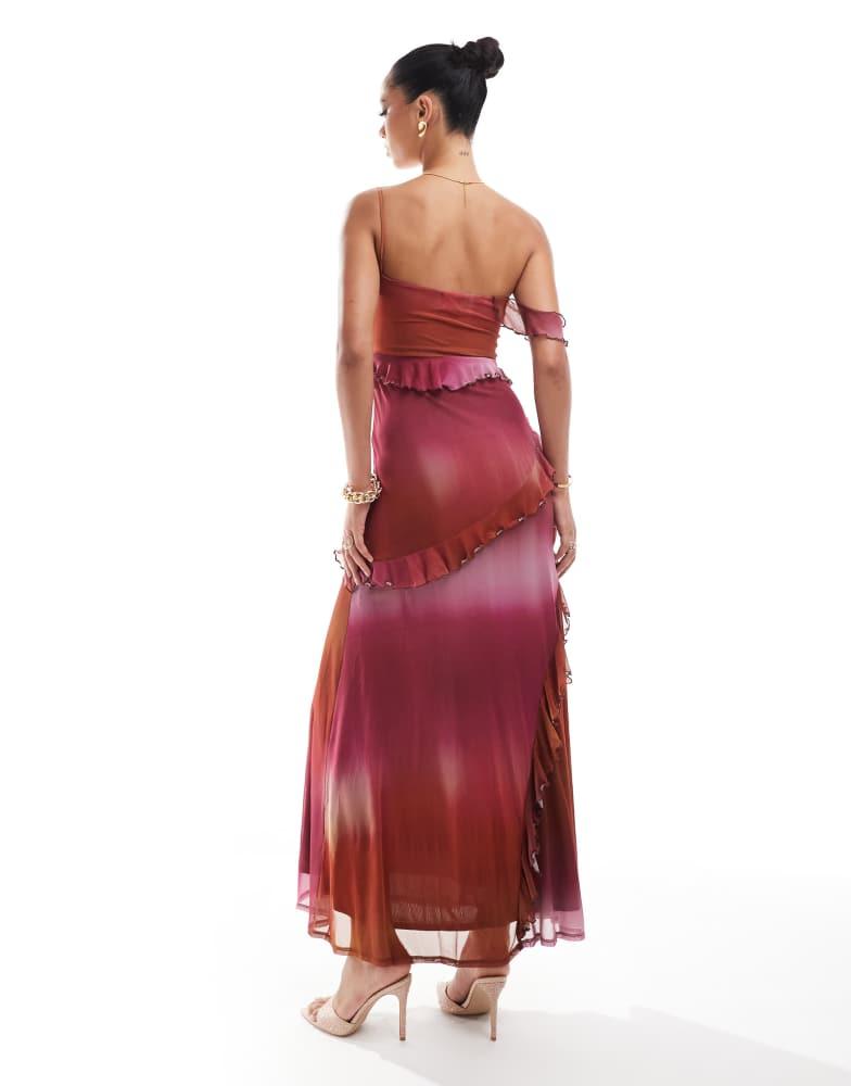 ASOS ASOS DESIGN mesh off shoulder ruffle detail maxi dress in pink ombre print