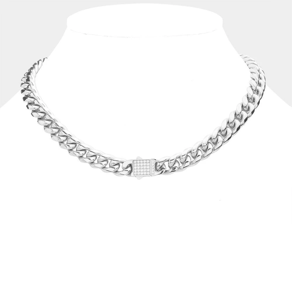 FASHNZFAB Stainless Steel CZ Embellished Metal Chain Link Necklace