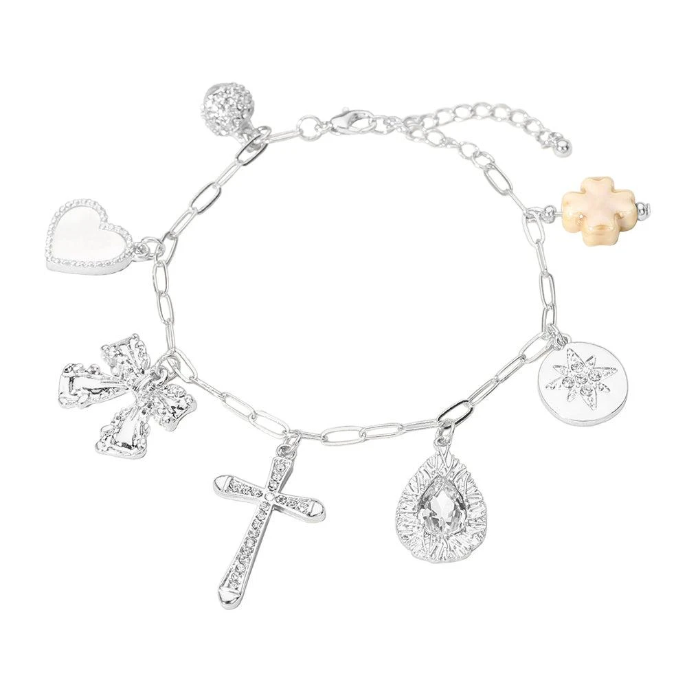 FASHNZFAB Stone Paved Cross Ball Teardrop Stone Bow Mother of Pearl Heart Glazed Clover Charm Station Paperclip Chain Bracelet 2