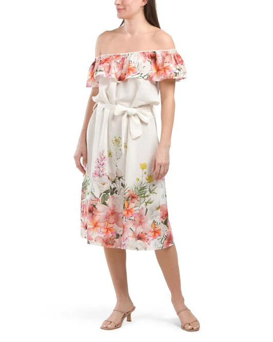 LE RAGAZZE Made In Italy Linen Blend Off The Shoulder Floral Print Dress 1
