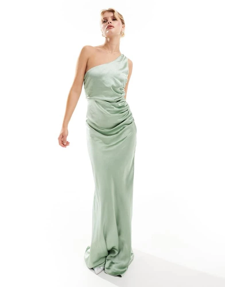 Six Stories Six Stories Bridesmaids one shoulder satin maxi dress in sage 1