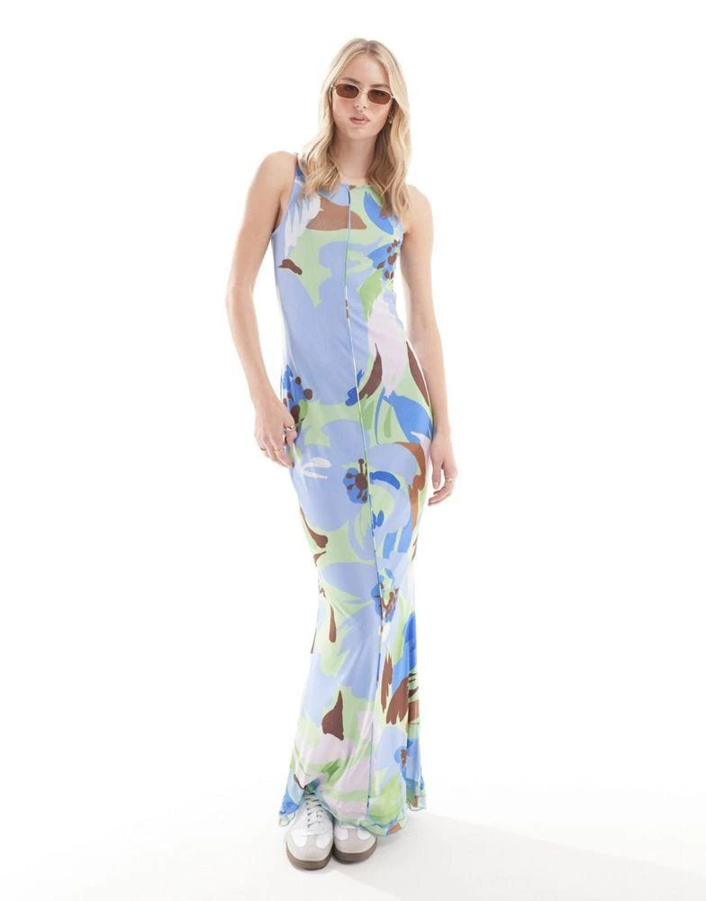 Vero Moda Tall Vero Moda Tall sleeveless lettuce edge mesh dress in blue floral print 2