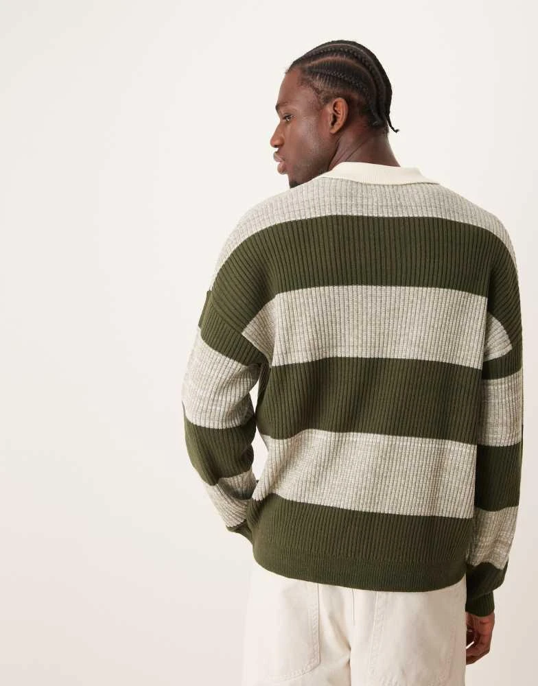 ASOS ASOS DESIGN relaxed knitted rugby polo in khaki marl stripe 4