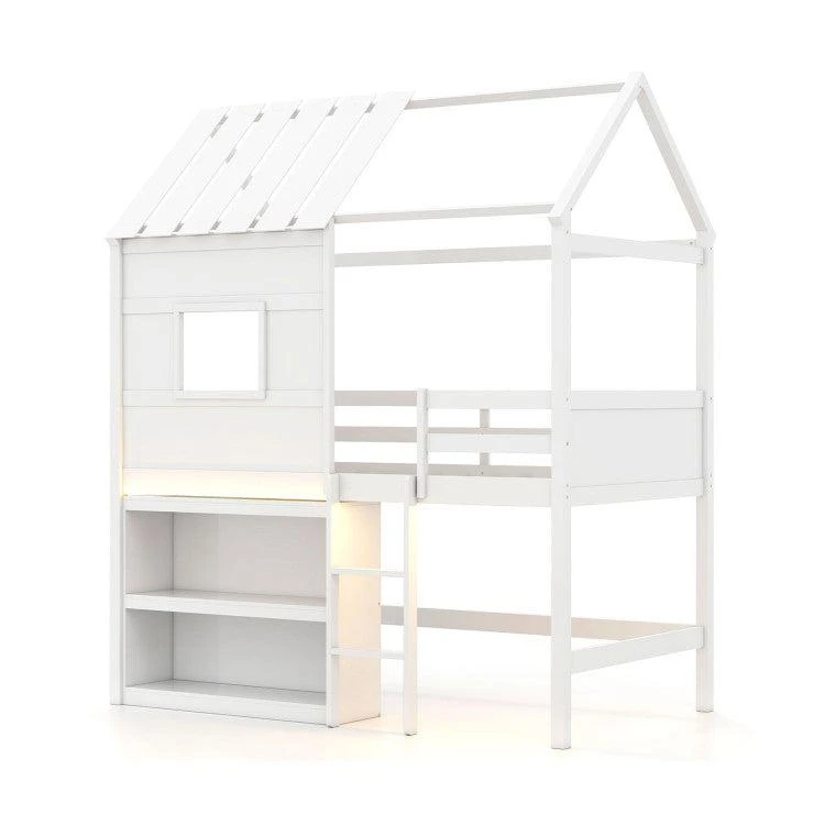 Hivvago Twin Size Loft Bed with LED Lights  Roof  Window and Storage Bookshelf