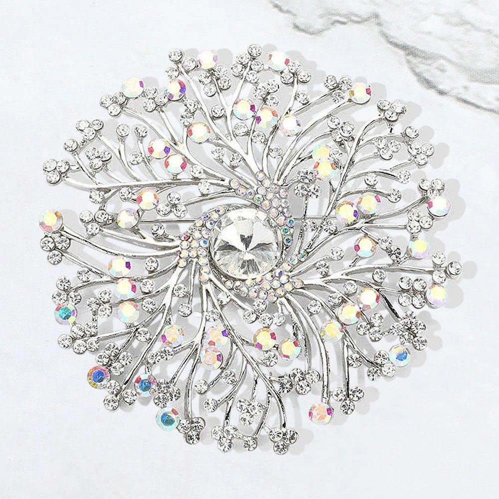 FASHNZFAB Round Stone Centered Rhinestone Embellished Branch Flower Pin Brooch
