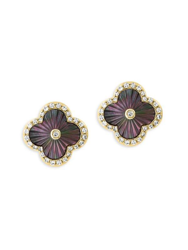 Effy 14K Yellow Gold, Mother of Pearl & Diamond Clover Stud Earrings 3