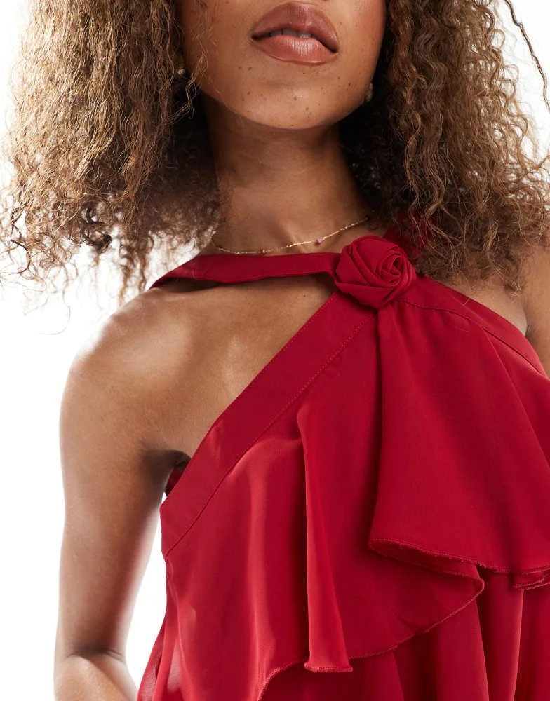 VERO MODA Vero Moda Felicia halter neck tiered maxi dress with corsage detail in red 4