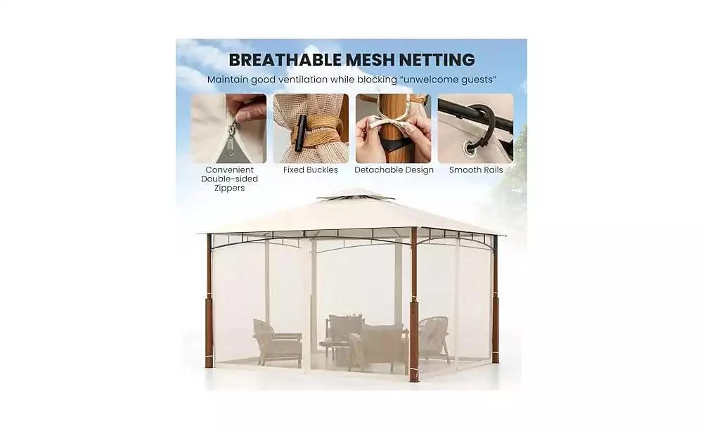 Mecale 12 x 10 Feet Outdoor Patio Gazebo with Netting and 2-Tier Canopy Roof 6