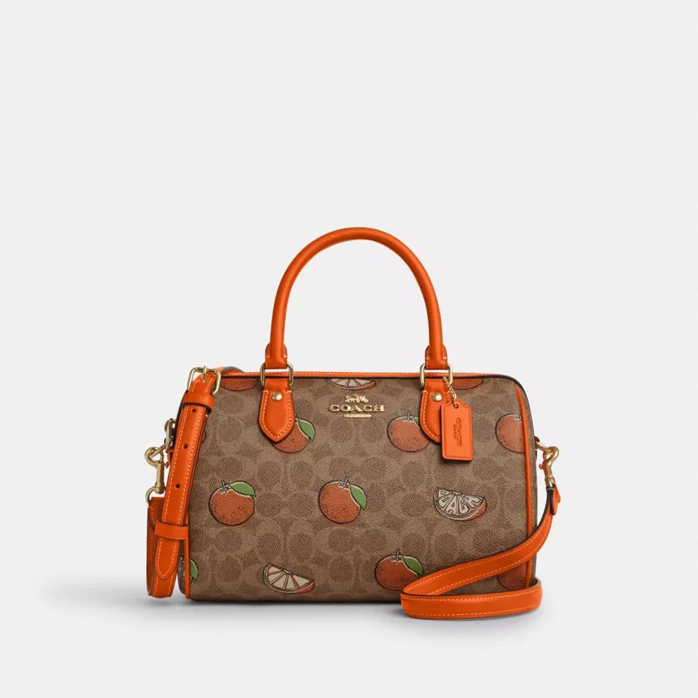 Coach Rowan Satchel Bag In Signature Canvas With Orange Print