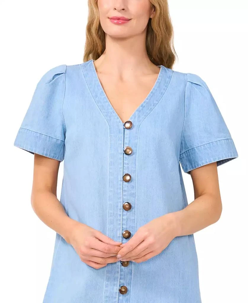 CeCe Women's Short Sleeve Button Front V-Neck Denim Dress 3