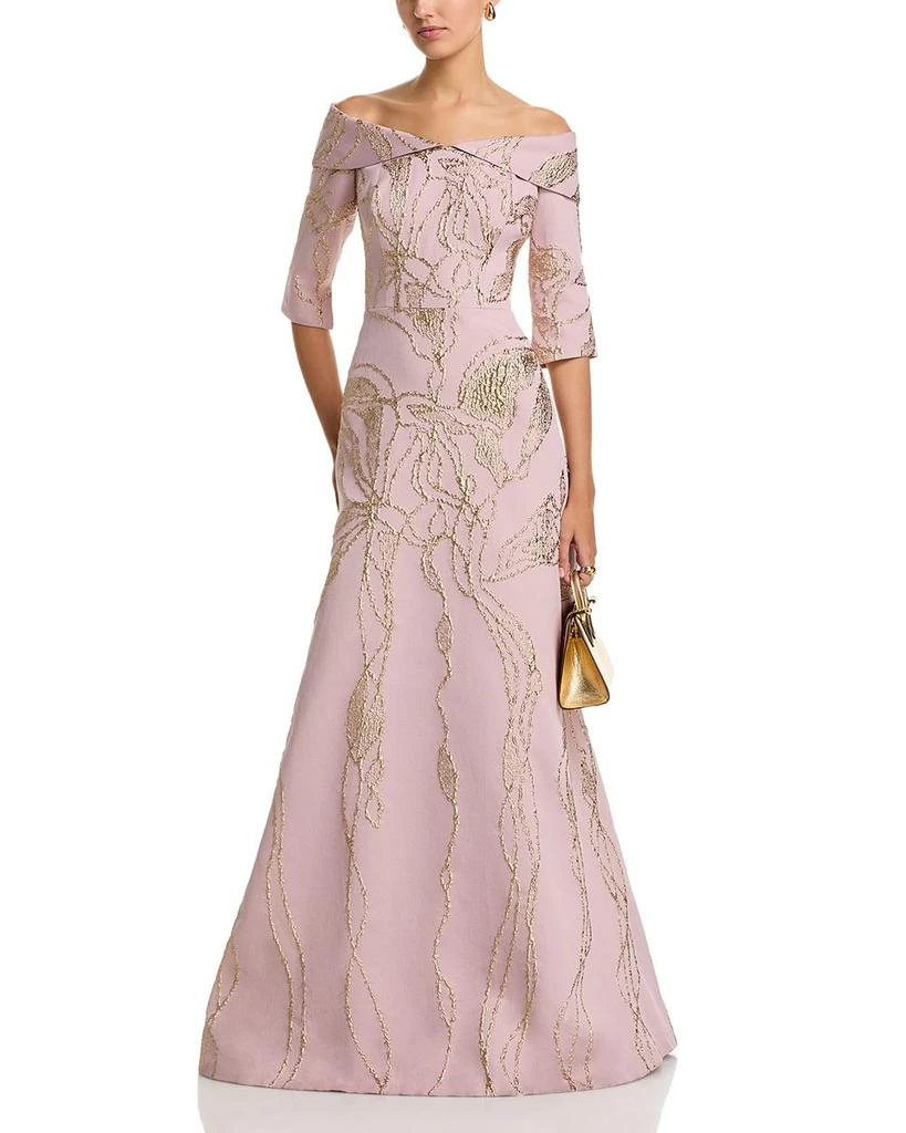 Teri Jon Jacquard Folded Off-the-Shoulder Elbow Sleeve Gown 2
