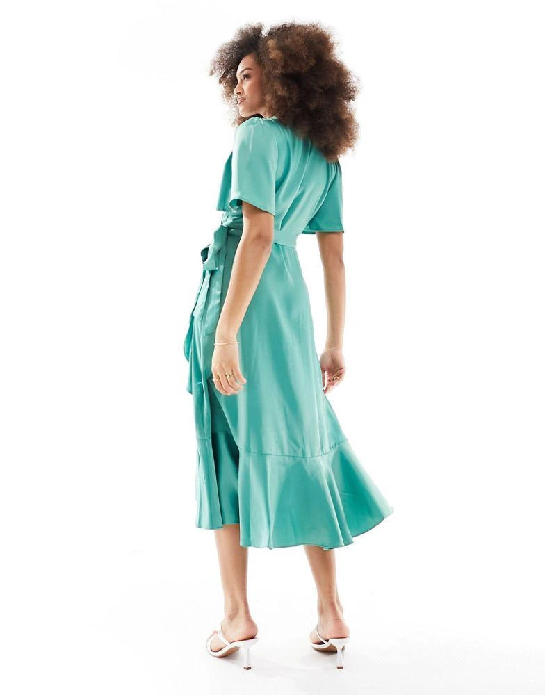 Y.A.S. YAS Bridesmaid satin wrap midi dress in green - MGREEN 4