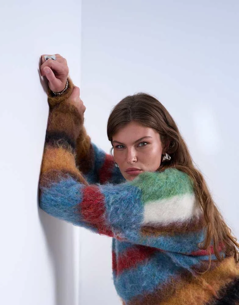 Topshop Topshop knitted fluffy stripe jumper in multi 3