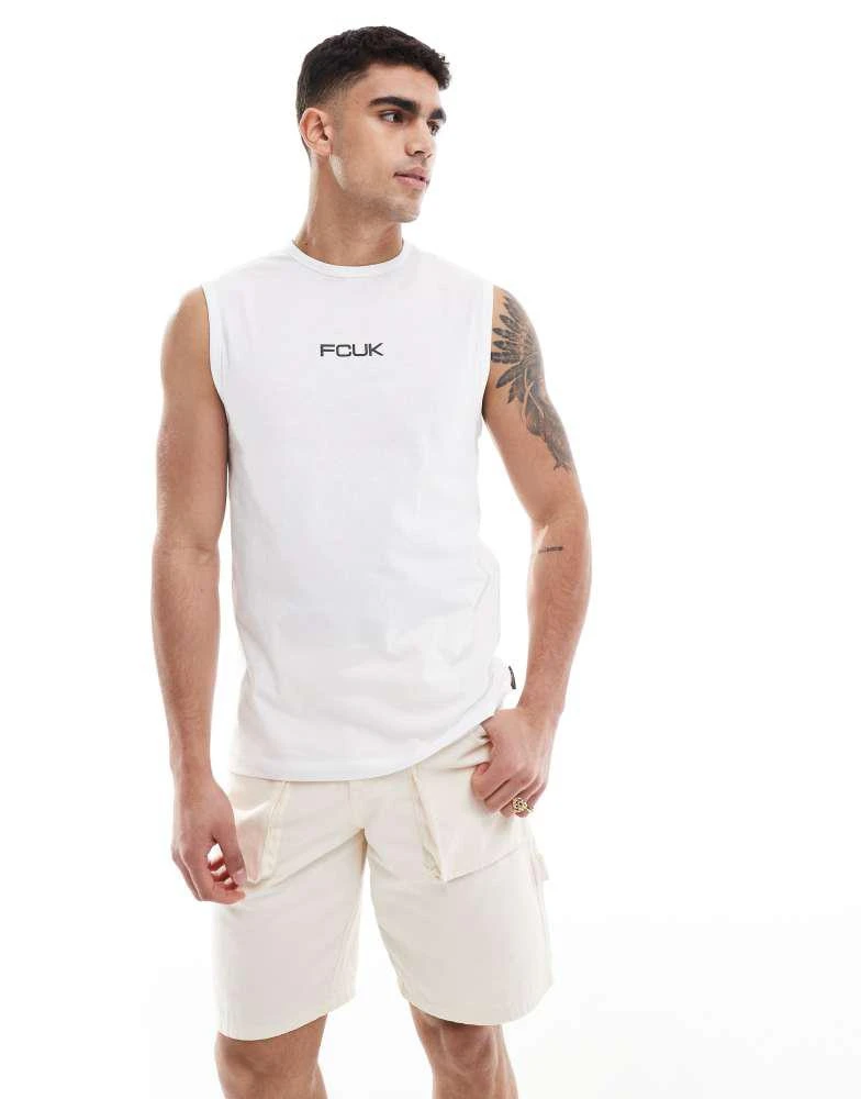 French Connection Mens French Connection FCUK sleeveless t-shirt vest in white with black logo 1