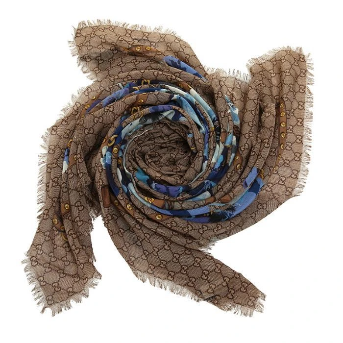 Gucci Gucci - Beige/Blue GG Floral Print Wool Scarf 3
