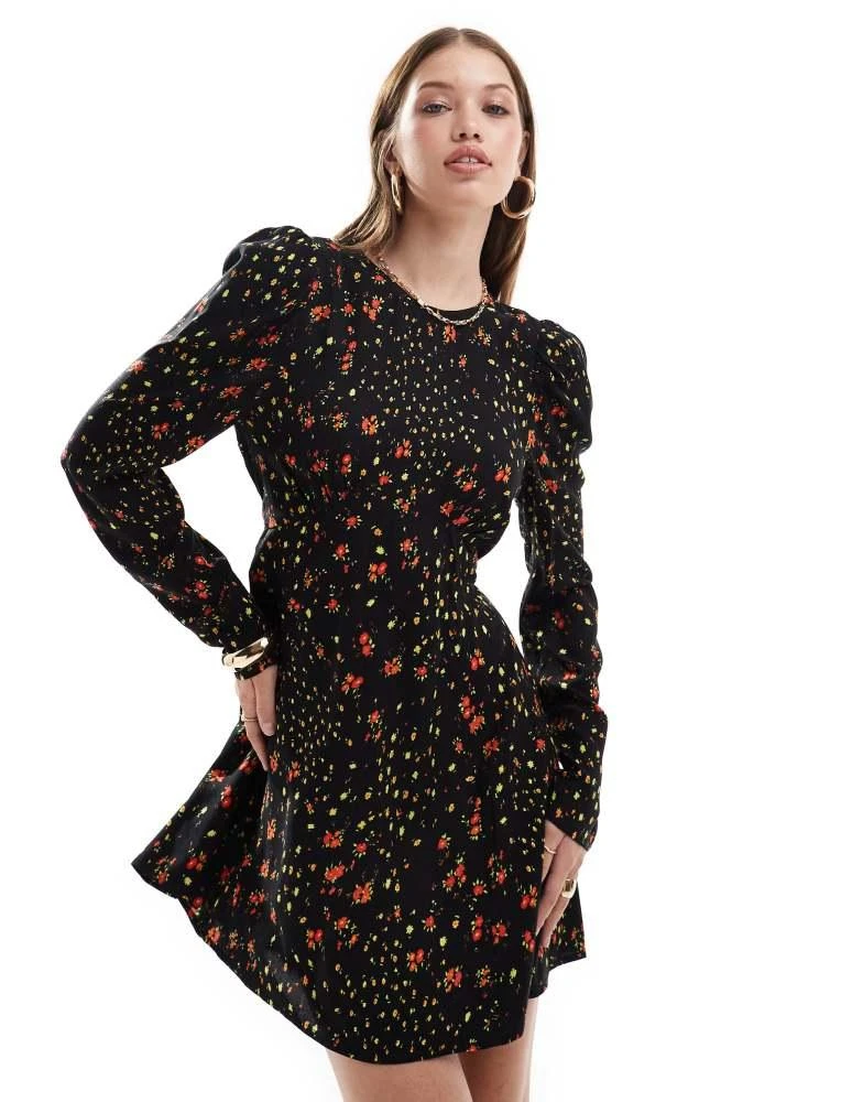 Miss Selfridge Miss Selfridge Ribbon detail tea dress in black floral print 2
