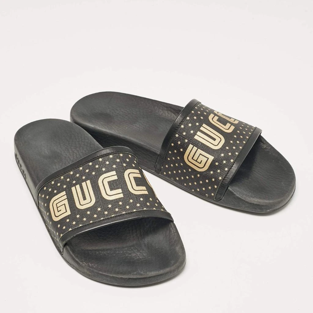 Gucci Gucci Black/Gold Coated Canvas and Leather Star Guccy Slides Size 38 4