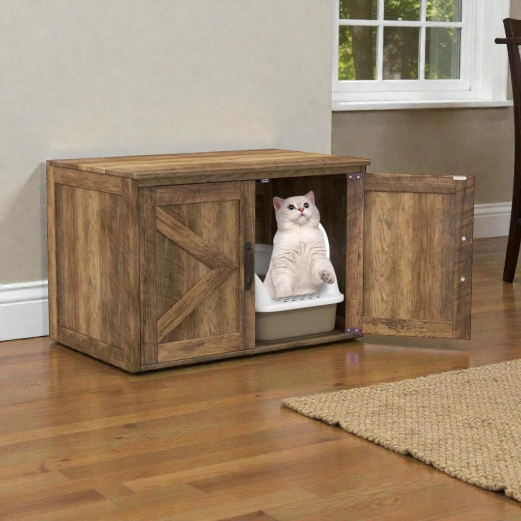Hivvago Cat Litter Enclosure Furniture with Flip Top, Double Barn Doors, and Divider Panel