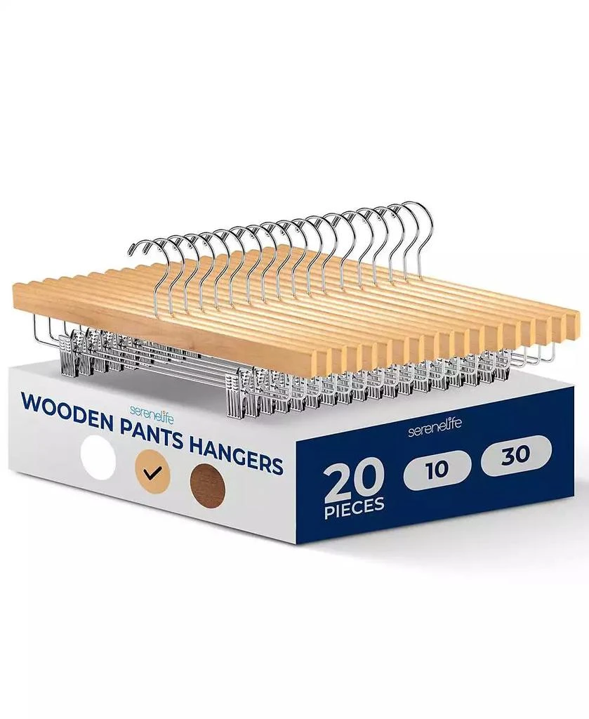 SereneLife 20 Pcs. Premium Wooden Pants Hangers - Heavy Duty Hanger Set with Chrome 360° Swivel Hook (Natural)