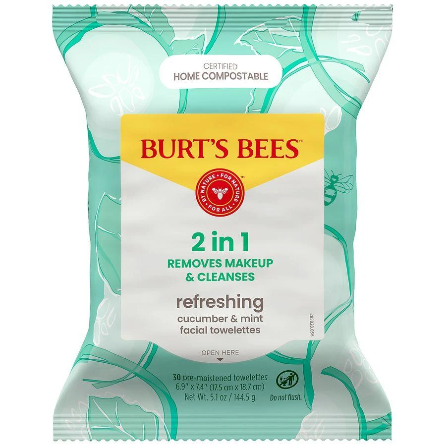Burt's Bees Refreshing Cucumber + Mint, 2-in-1 Pre-Moistened Towelettes Cucumber and Mint 8