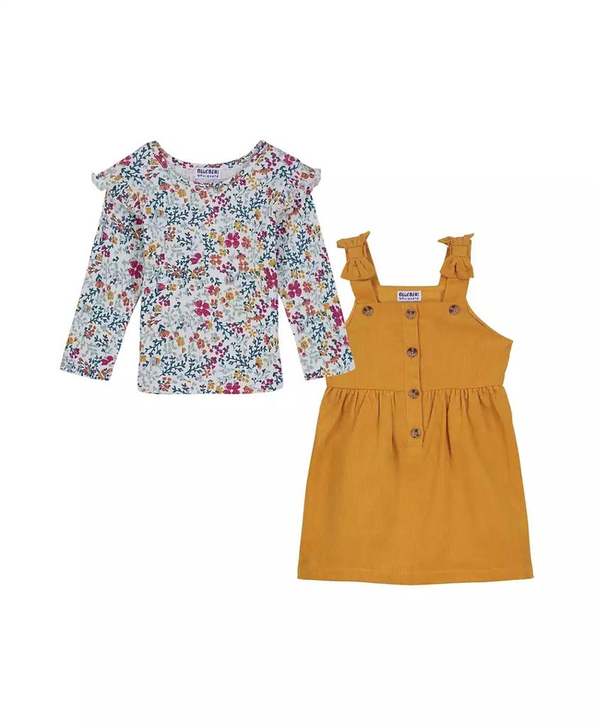 Blueberi Boulevard Baby Girls Flutter Trim Floral Top and Ribbed Fit-and-Flare Buttoned Jumper Set
