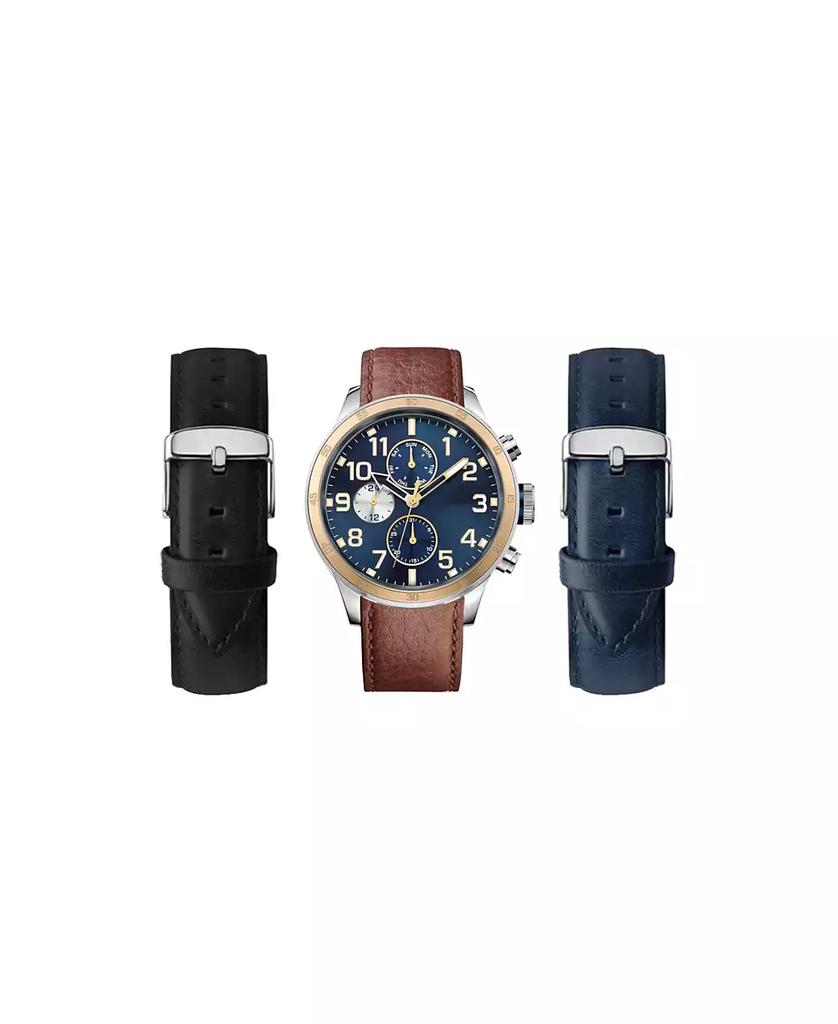 American Exchange Men's Dial Quartz Brown Leather Strap Watch with Interchangeable Straps, Set of 3
