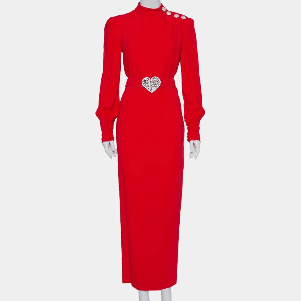 Alessandra Rich Alessandra Rich Red Crepe Embellished Button Belted Gown M 1