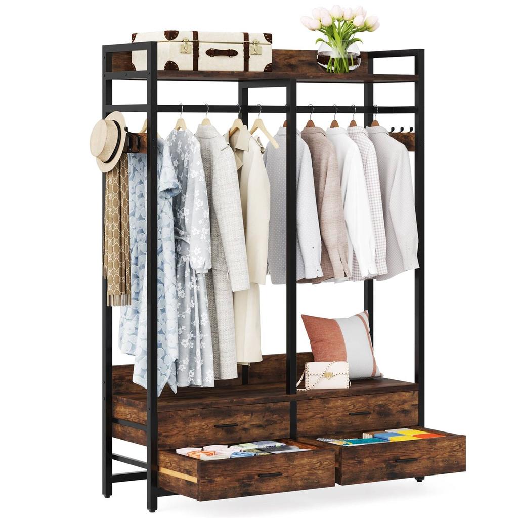 QuikFurn Heavy Duty Brown Black Garment Rack Clothes Hanging Rod with 4 Storage Drawers